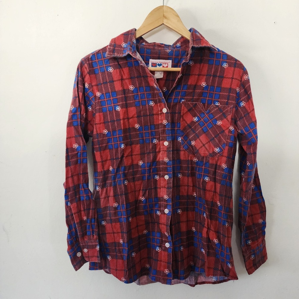 Womens 80s Flannel Red Blue Heart Plaid by American Sweetheart